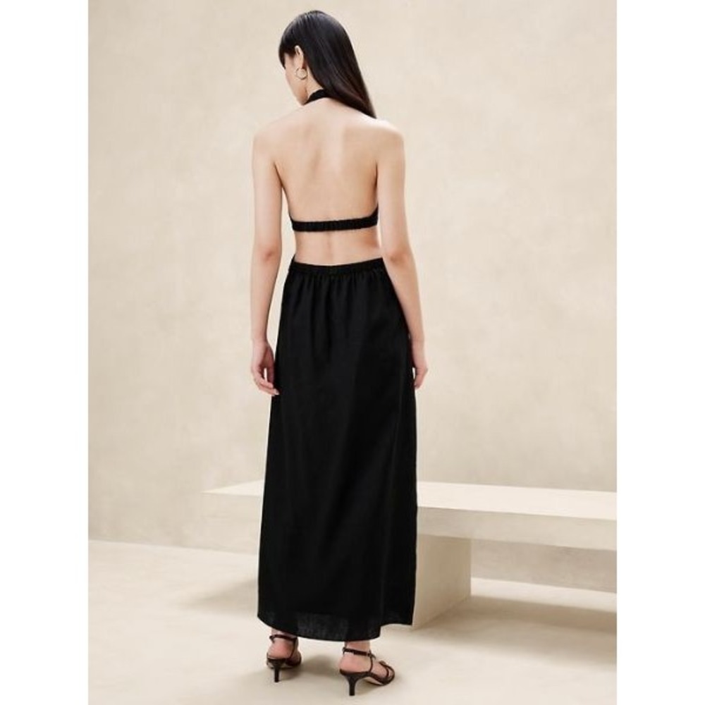 Banana Republic Lisa Midi Dress 100% Linen Small Black Halter Cutout Twist Front - Picture 4 of 15